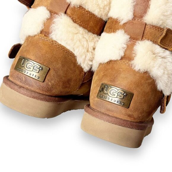 Ugg Women's Brown Suede Becket Mid Calf Pull On Winter Shearling Buckle Boots 7 - Picture 6 of 9